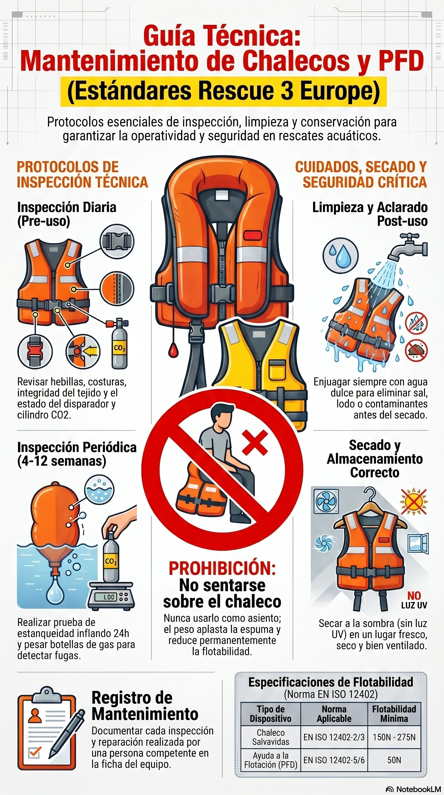 Protocolo visual de inspección y cuidado para PFDs y chalecos inflables. Incluye revisiones de estanqueidad, limpieza con agua dulce, secado a la sombra y la prohibición crítica de sentarse sobre el equipo para evitar daños en la espuma